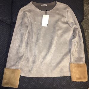 NWT ZARA COMBINED FAUX FUR SUEDE TOP SZ L